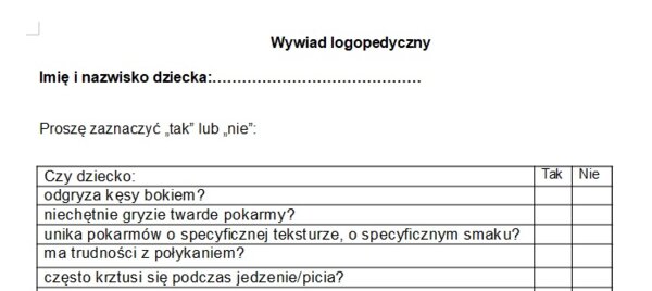 Arkusz badania przesiewowego, + wywiad logopedyczny