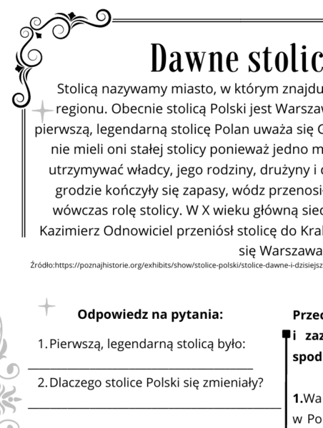 Legendy polskie i dawne stolice Polski - karty pracy i krótki tekst ze zrozumieniem