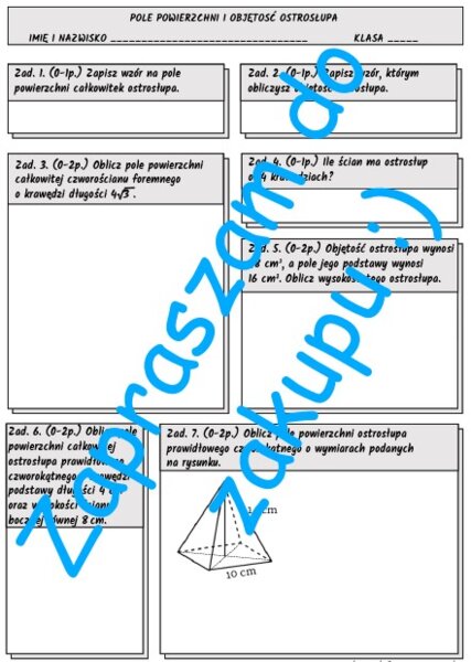 Pole powierzchni i objętość ostrosłupa - kartkówka, karta pracy