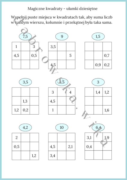 Magiczne kwadraty - ułamki dziesiętne