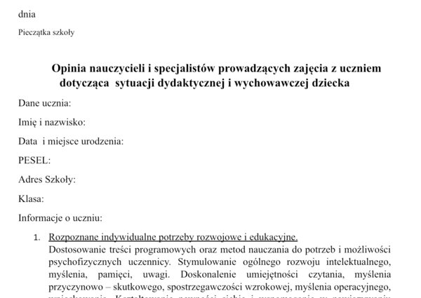 Opinia nauczyciela do Poradni Psychologiczno-Pedagogicznej-wzór
