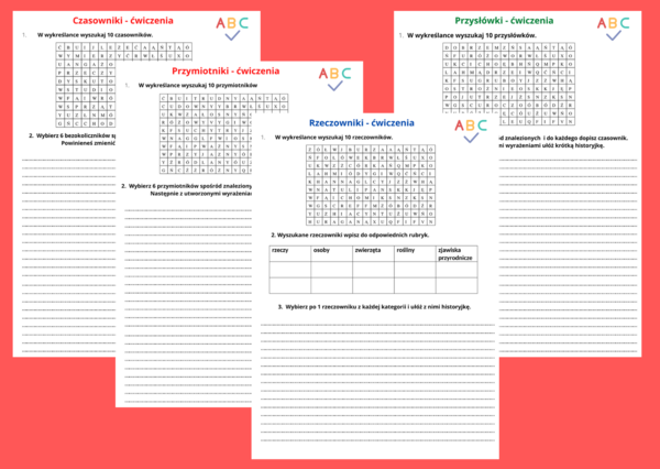 Rzeczownik, czasownik, przymiotnik, przysłówek - karty pracy kl.4-5 - karta pracy - język polski - części mowy