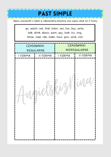 Past Simple - Regular & Irregular Verbs - czasowniki regularne i nieregularne - czas przeszły - 2 formy - karta pracy - .pdf do druku - A2 / B1
