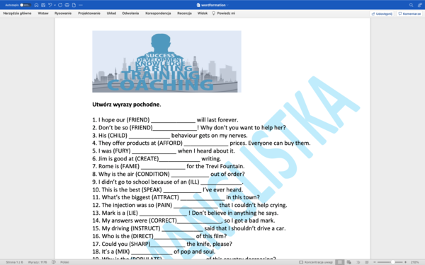 Słowotwórstwo - angielski matura rozszerzona - 100 zdań+ KLUCZ