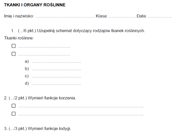 tkanki i organy roślinne - sprawdzian