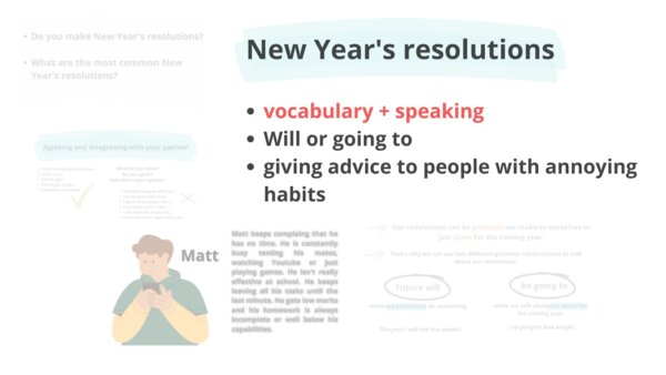 Postanowienia noworoczne, New Year's resolutions, be going to, Future will, matura, speaking