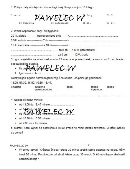 OBLICZENIA KALENDARZOWE I ZEGAROWE - ile czasu/dni upłynęło od... do... - karta pracy, kl. 2, 3, 4