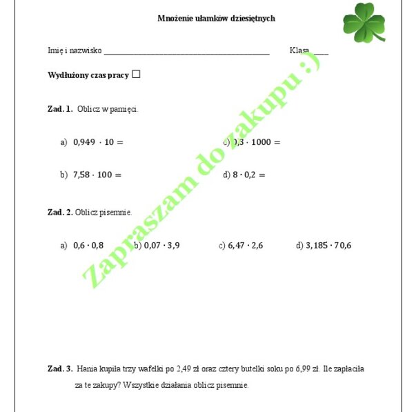 Mnożenie ułamków dziesiętnych - kartkówka.