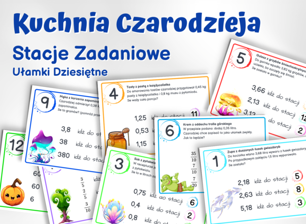 STACJE ZADANIOWE - Kuchnia Czarodzieja, klasa 4, ułamki dziesiętne, działania na ułamkach dziesiętnych, zamiana ułamki zwykłe, powtórzenie materiału, egzamin ósmoklasisty, koniec roku, początek roku