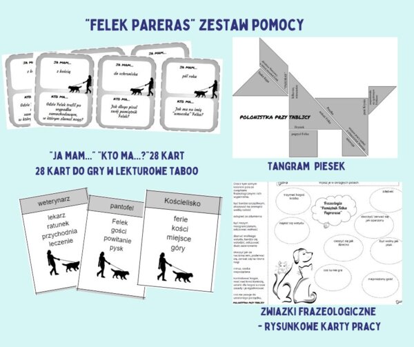Zestaw pomocy "Pamiętnik Felka Parerasa" gra "Ja mam...", taboo, tangram, rysunkowa karat ze związkami frazeologicznymi