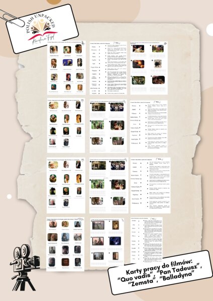 Pakiet 4 kart pracy – lektury w filmie i teatrze „Zemsta”, „Quo vadis”, „Balladyna”, „Pan Tadeusz” + odpowiedzi, egzamin ósmoklasisty z języka polskiego