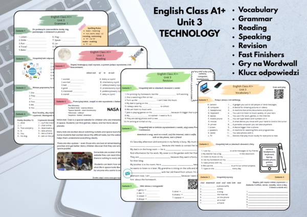📱 English Class A1+ - Unit 3 - TECHNOLOGY FOR ALL - Zestaw kart pracy
