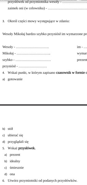 Części mowy - kartkówka bożonarodzeniowa, kl. 5