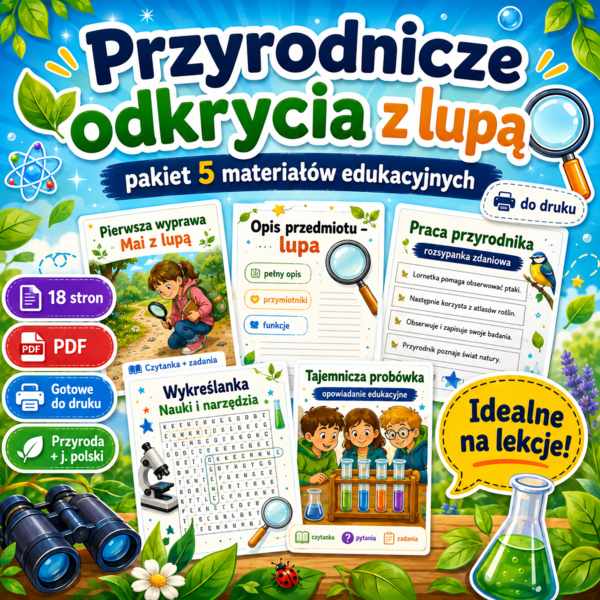 Przyrodnicze odkrycia z lupą – pakiet 5 materiałów edukacyjnych  | Czytanki, karty pracy, rozsypanka i wykreślanka