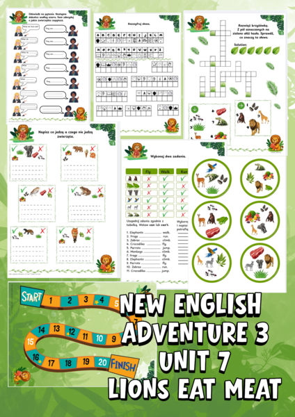 Karty pracy -New English Adventure 3 unit 7 Lion Eats Meat