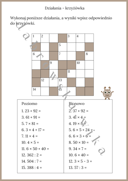 Działania - krzyżówka