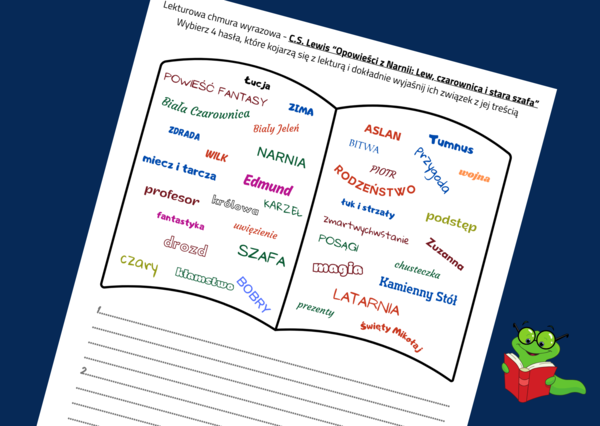 Lekturowa chmura wyrazowa - OPOWIEŚCI Z NARNII. LEW, CZAROWNICA I STARA SZAFA – lektury obowiązkowe – chmura - karta pracy – EGZAMIN – powtórka