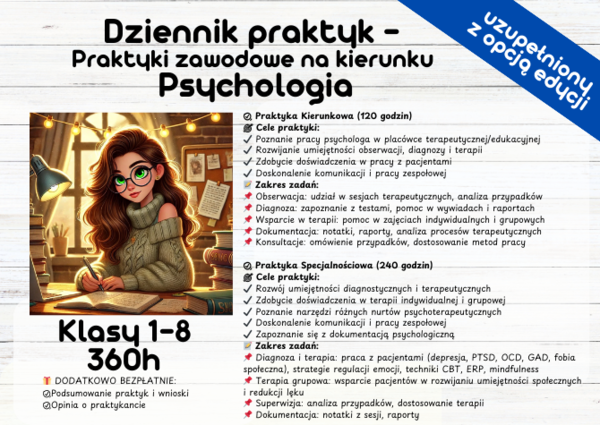 GOTOWY DZIENNIK PRAKTYK PSYCHOLOGICZNYCH – Klasy 1-8 - 360h