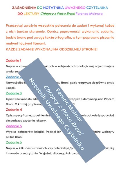 "Chłopcy z Placu Broni" - Notatnik Uważnego Czytelnika