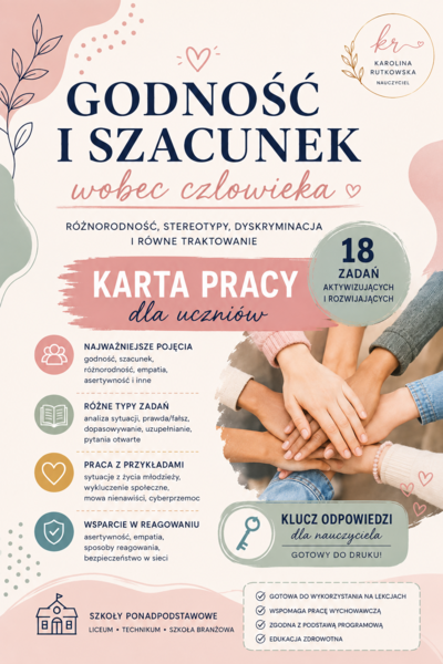 Godność i szacunek wobec człowieka – karta pracy + klucz odpowiedzi | Edukacja zdrowotna