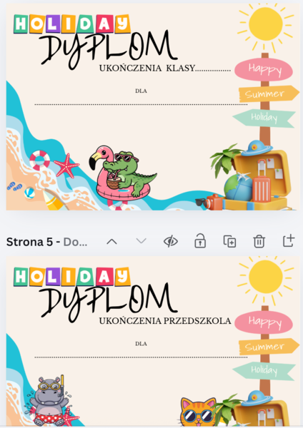 Dyplom na koniec roku + napis wakacje