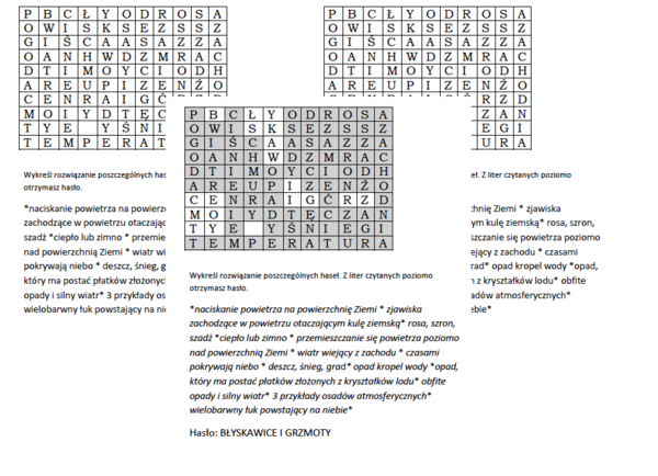Wykreślanka na podsumowanie lekcji przyrody w klasie 4 o składnikach pogody