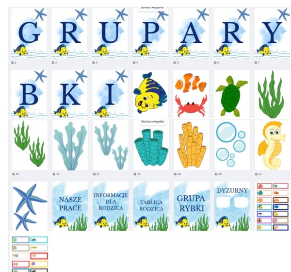 GRUPA RYBKI - NAPIS, NFORMACJA DLA RODZICA, ZNACZKI
