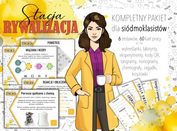 Stacja: RYWALIZACJA! PAKIET na cały rok szkolny! Klasa 7. Chemia. Powtórzenie wiadomości. Praca grupowa. Gra dydaktyczna. Zadanie. Stacje zadaniowe. MOC powtórki.
