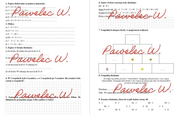 Dodawanie i mnożenie - sprawdzian, karta pracy, kl. 3, 4