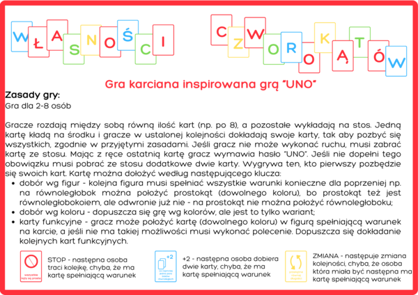 Gra karciana - własności czworokątów (inspirowana UNO)