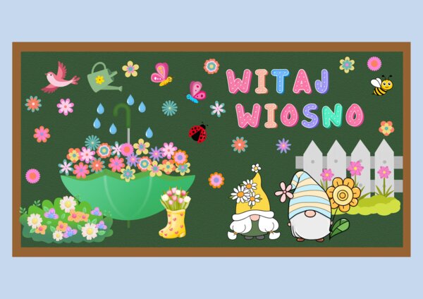 Gazetka wiosenna - dekoracja z napisem WITAJ WIOSNO