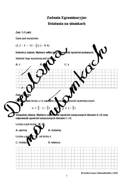 Zadania egzaminacyjne - Działania na ułamkach