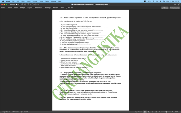 Present Continuous i Present Simple- ćwiczenia dla uczniów szkoły podstawowej