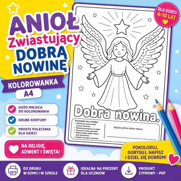 Kolorowanka. Anioł zwiastujący dobrą nowinę