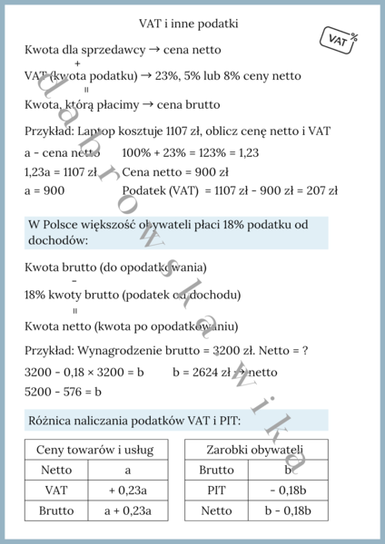 VAT i inne podatki - notatka