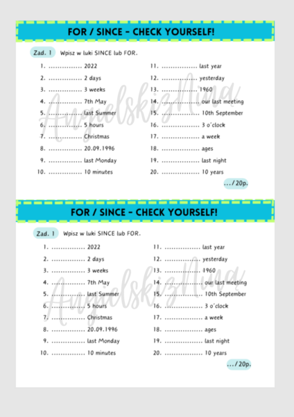 FOR / SINCE - Check yourself! - Present Perfect - wklejka - kartkówka - test - karta pracy - egzamin ósmoklasisty - matura - .pdf