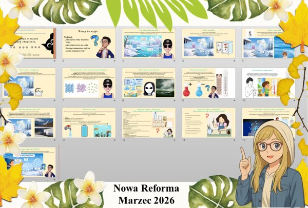 Prezentacja multimedialna w PowerPoint do edycji „Woda w trzech stanach skupienia” wykonana na podstawie podręcznika „Przyroda” Nowa Era. Przyroda 4. Dział „Obserwuję zjawiska przyrodnicze".