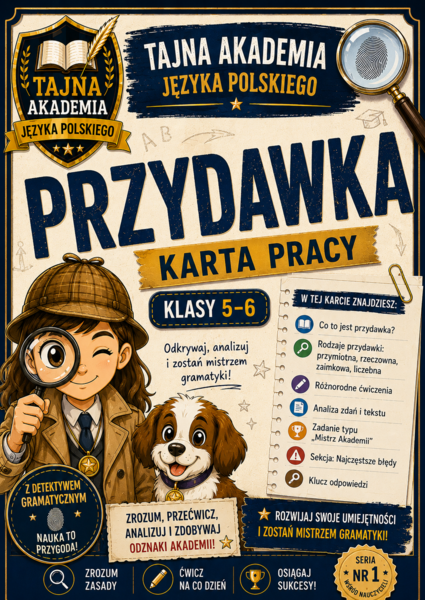 Przydawka – karta pracy | Klasy 5–6 | Tajna Akademia Języka Polskiego | Rodzaje przydawki | PDF