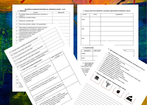 "KAMIENIE NA SZANIEC" - sprawdzian po omówieniu lektury - 2 grupy + odpowiedzi
