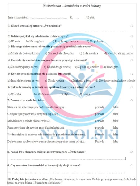 Świtezianka - kartkówka z treści lektury