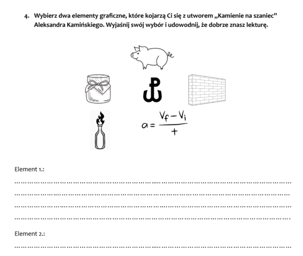 "Kamienie na szaniec" - sprawdzian po omówieniu lektury (3 wersje)