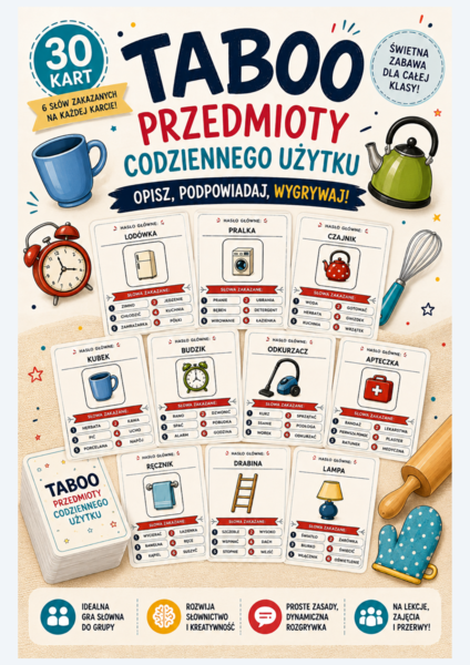 Karty taboo "Przedmioty codziennego użytku"  - wersja klasyczna.