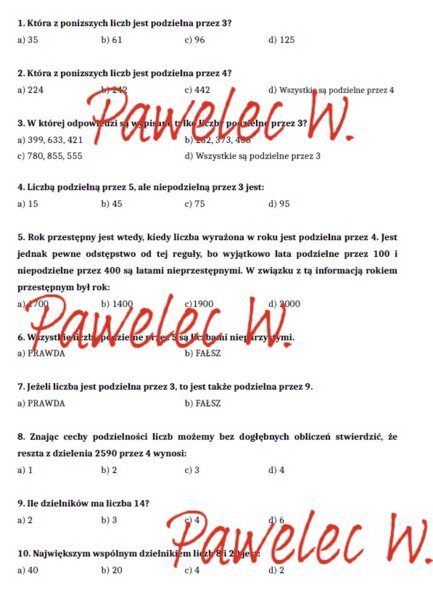 PODZIELNOŚĆ LICZB - test, kartkówka, kl. 5, 6