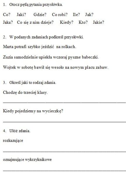 Przysłówek i rodzaje zdań