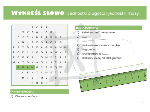 Matematyczna wykreślanka dla klasy czwartej. Jednostki długości i jednostki masy.