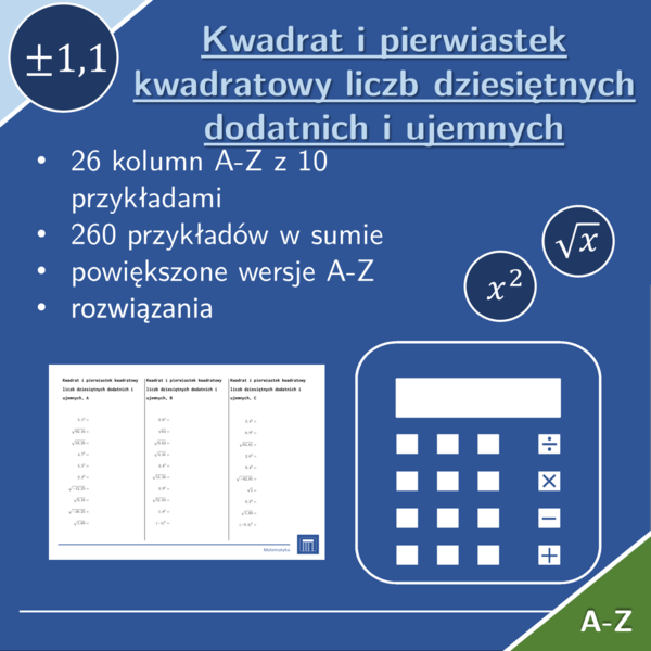 Kwadrat i pierwiastek kwadratowy liczb dziesiętnych dodatnich i ujemnych | matematyka | 26 kolumn