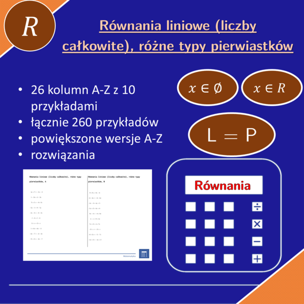 Równania liniowe (liczby całkowite), różne typy pierwiastków | matematyka, algebra | 26 kolumn