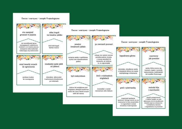 DZIEŃ OWOCÓW I WARZYW - owoce - warzywa – frazeologizmy – ZWIĄZKI FRAZEOLOGICZNE – fiszki – 28 szt. – kl. 4-8 – egzamin – powtórzenie – ćwiczenia