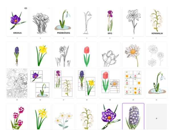 WIOSENNE KWIATY - NAZWY KWIATÓW, PUZZLE, SUDOKU, WYKLEJANIE BRAKUJĄCYCH ELEMENTÓW, KOLOROWANKA