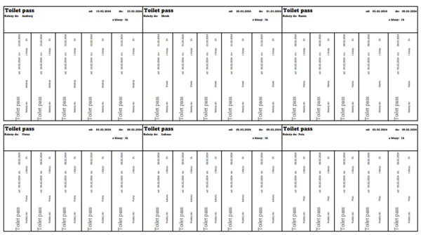 (Przepustki do toalety)(Toilet pass)(dla uczniów w trakcie zajęć)(Wyjściówki do WC)